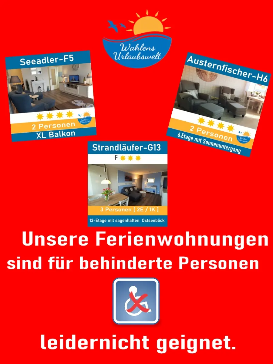 Leider ist unsere Website wie auch unsere Ferienwohnungen nicht Barrierefrei. Sollten Für weitere Fragen stehen wir Ihnen sehr gerten telfeonisch unter<br />01708082839 zur Verfügung